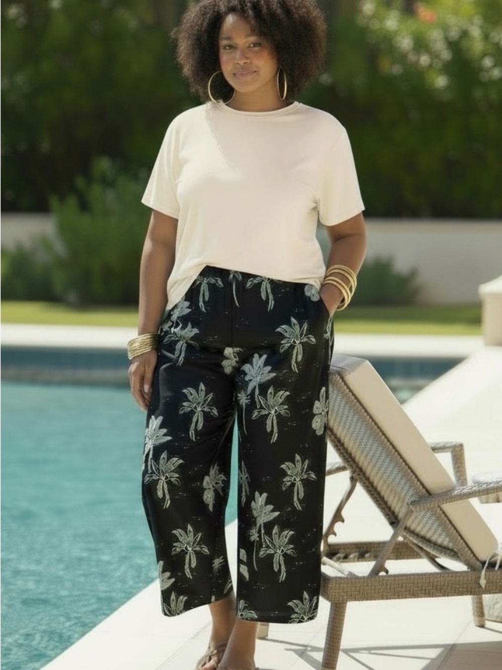 NWT J. Jill Wearever Full Leg Cropped Pants Black Palm Tree Tropical Sz S Petite